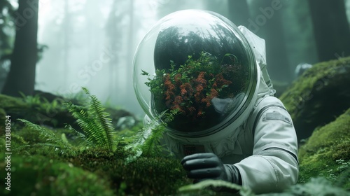 An astronaut kneels in the lush forest studying exotic plant life through his helmet, illustrating the interplay between scientific curiosity and the wonders of nature. photo