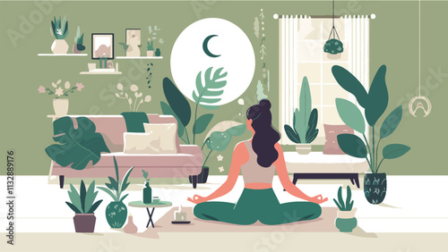 Self-Care and Wellness, a woman doing yoga in a comfortable room filled with plants and an all-green atmosphere