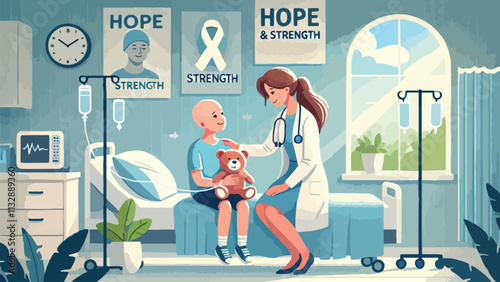 A peaceful and inspiring hospital scene where a doctor is comforting a cancer patient, a child holding a teddy bear, and a nurse offering a supportive smile.