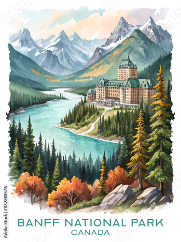 banff national park canada travel poster watercolor illustration