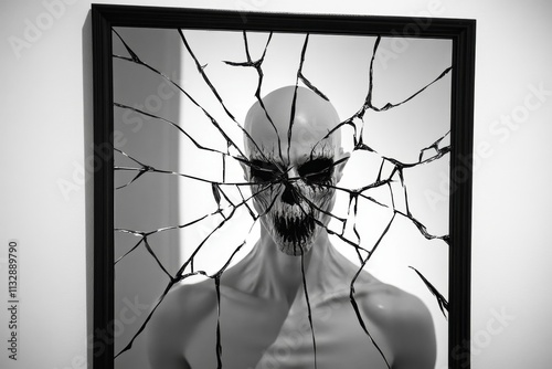 A ghostly figure emerging from a cracked mirror, their twisted reflection lingering on the glass