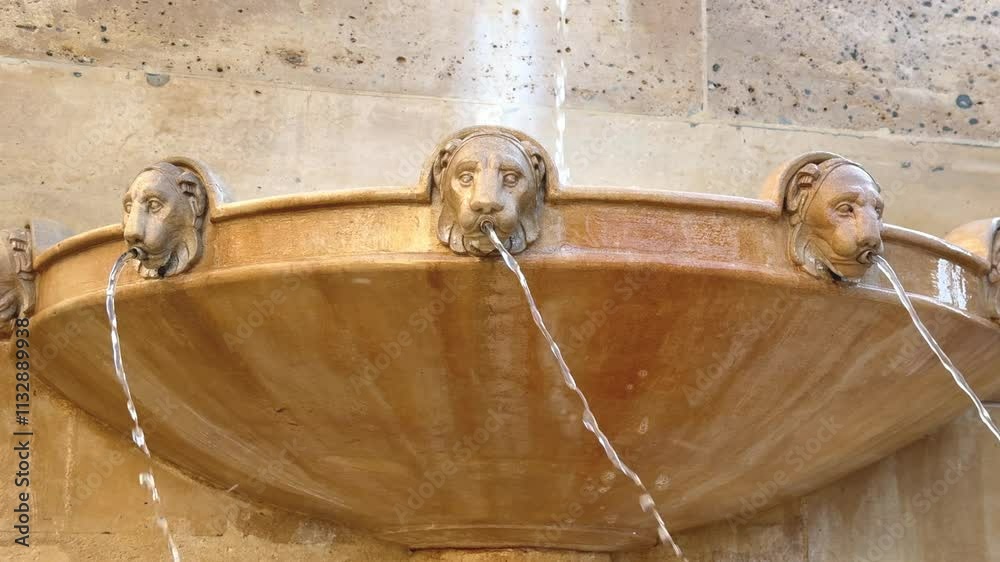 Une fontaine à tête de lion où l'eau s'écoule en continu.