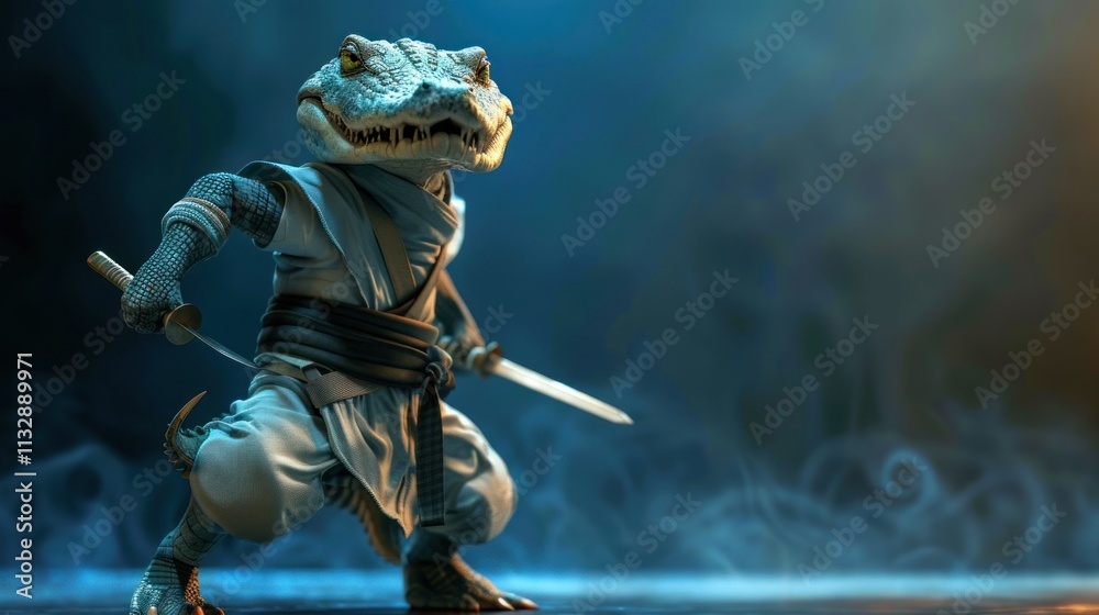 Fototapeta premium A crocodile child ninja with a black belt and shurikens, posing. dark blue background, dramatic view, copy space, 3d rendering --ar 16:9 Job ID: 89e0ff8b-4049-4927-9f87-71823d189d21
