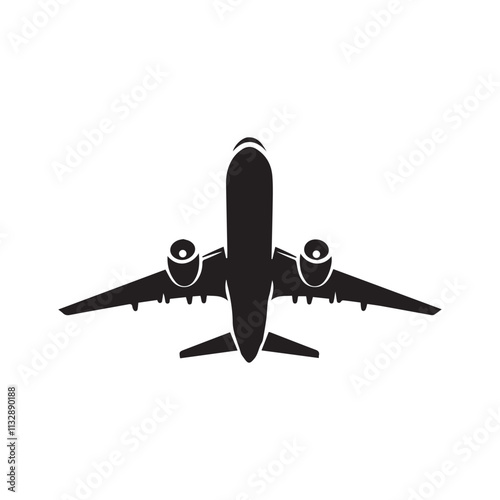 Taking off airplane silhouette isolated vector illustration. Black outline air vehicle. Passenger in flight