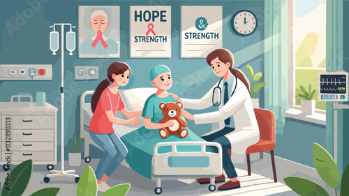 A peaceful and inspiring hospital scene where a doctor is comforting a cancer patient, a child holding a teddy bear, and a nurse offering a supportive smile.