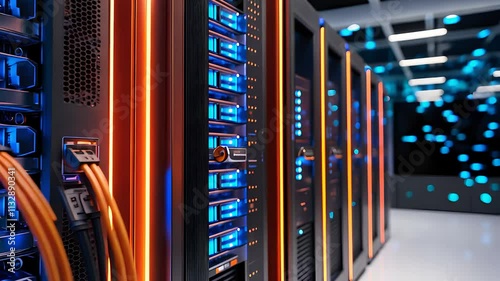 Modern Data Center with Rows of Server Racks, Blue LED Lights, and High-Speed Network Cables

 photo