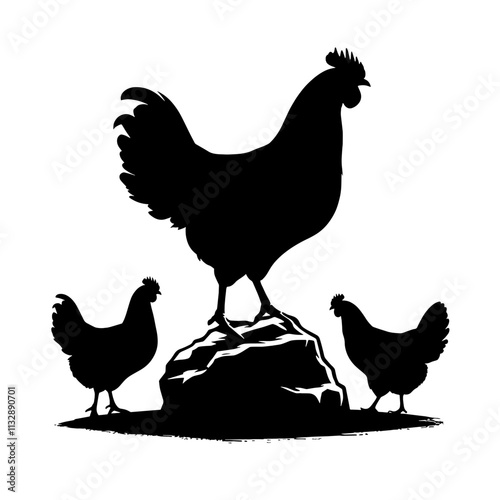 Rooster and two hens silhouette on rock. photo