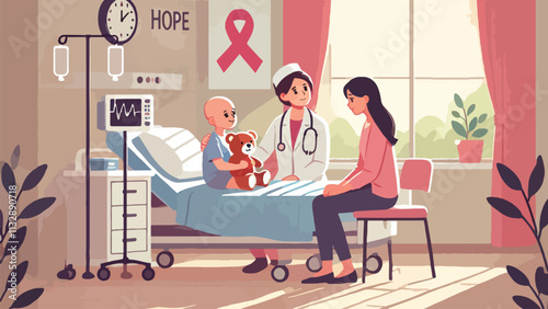 A peaceful and inspiring hospital scene where a doctor is comforting a cancer patient, a child holding a teddy bear, and a nurse offering a supportive smile.