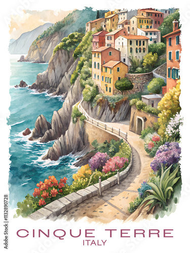 cinque terre italy travel poster watercolor illustration
