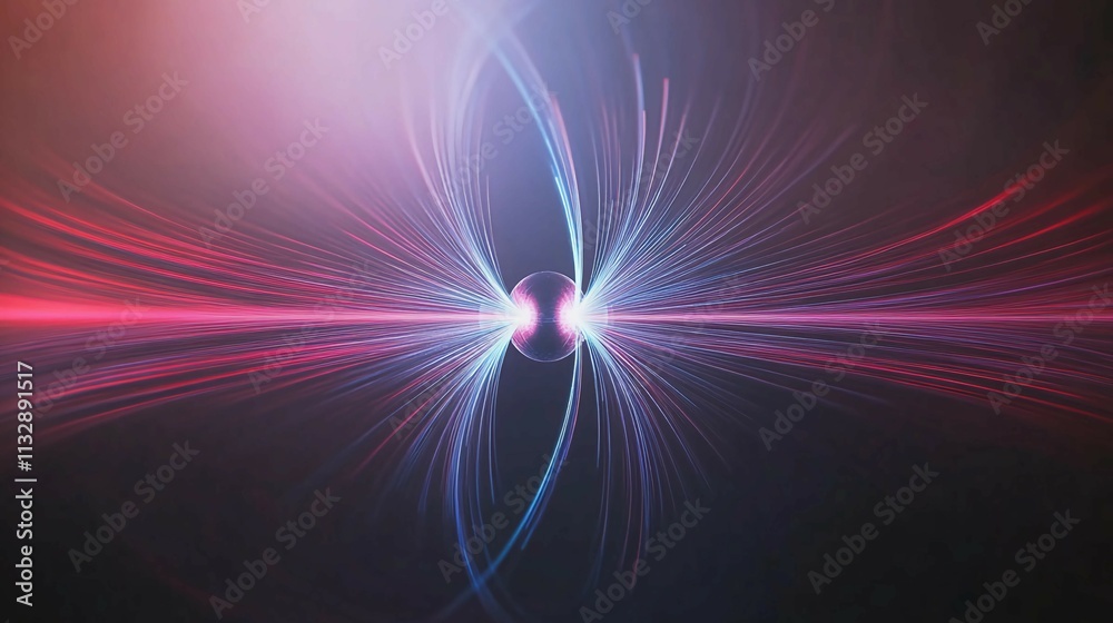 Obraz premium Abstract magnetic field visualization with glowing lines and arrows representing the flow of magnetic force around a central object in a dark, empty space.