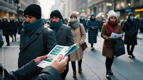 Busy City Street in Winter with People Wearing Coats and Scarves, Holding Brochures in Cold Weather

 photo