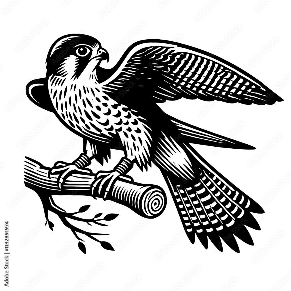 Obraz premium Black and white illustration of a falcon perched on a branch.