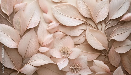 delicate beige  leaves with intricate veins and natural texture blend with soft flower petals creating a soothing neutral colored abstract botanical wallpaper