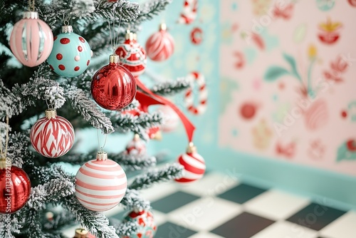 stylish pin-up christmas tree decorated with playful vintage baubles bold red ribbons and glittering garlands photo