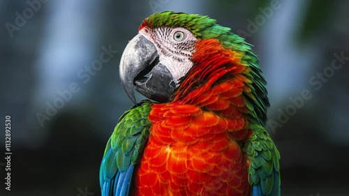 Slow Motion: Close-up of a Cute Red And Green Macaw Parrot Bird.
