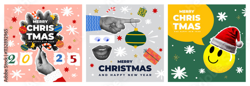 80s style vintage halftone collage warm Christmas Season's Greeting cards set. Paper stickers of hands holding a Christmas tree toy, a Smiley with Santa hat and hand with ornament ball. Vector