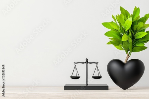 A minimalist depiction of a heart with a scale inside it, representing ethical values in clean monochrome photo