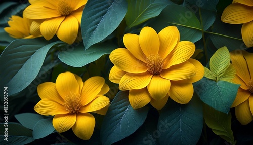Wallpaper Mural lovely yellow flowers and plant leaves closeup Torontodigital.ca