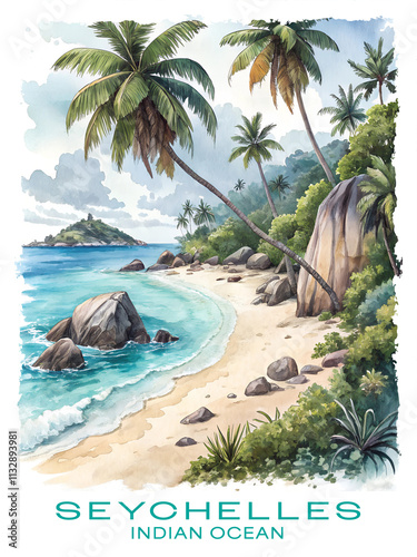 seychelles indian ocean travel poster watercolor illustration