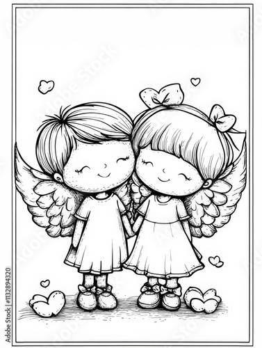 A sweet illustration of two angelic children holding hands, radiating warmth and friendship amidst delicate hearts, embodying youthful affection and magic. photo