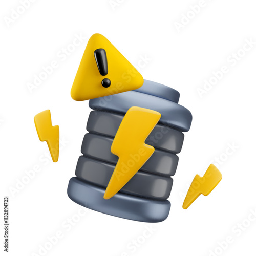 Vector cartoon 3d charging battery with warning sign, lightning. Realistic render of low energy accumulator, broken battery, damage notification concept. Attention indicator for game, electric car app