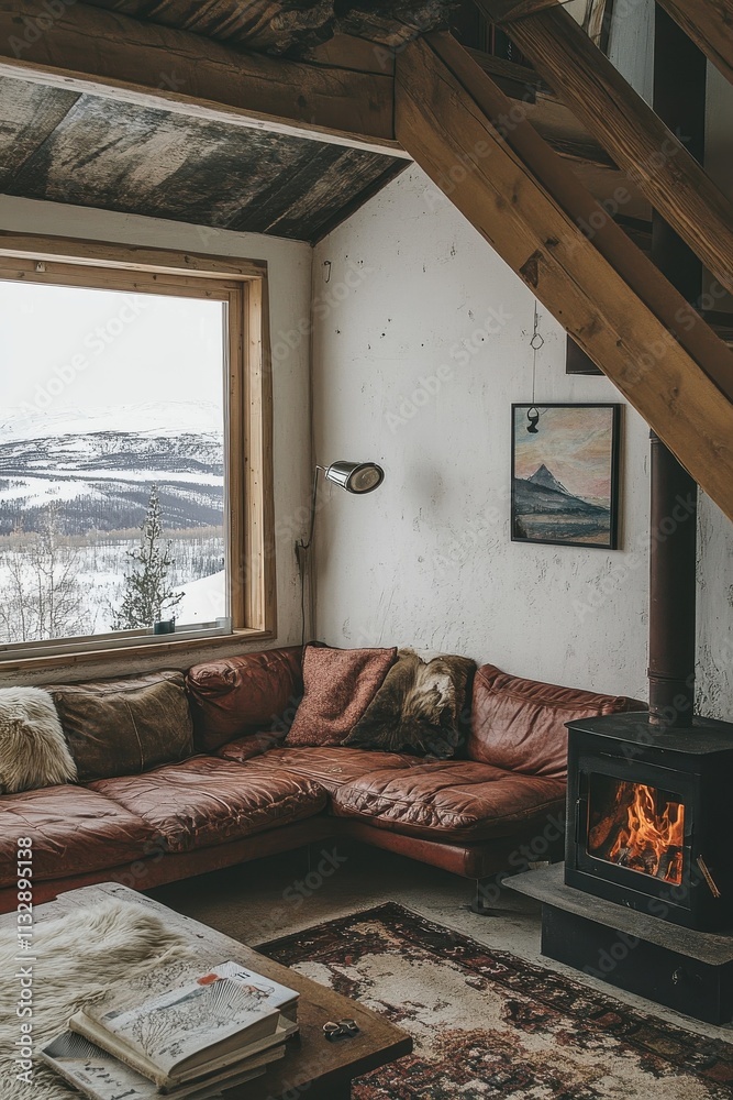 Fototapeta premium Cozy Cabin Living Room With Stunning Mountain View