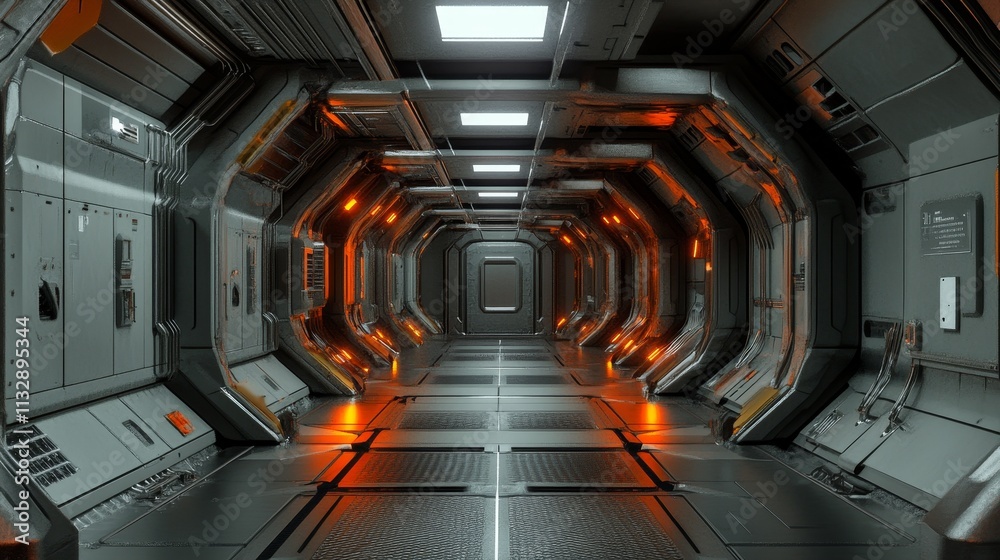 Obraz premium A futuristic corridor with metallic walls and orange lighting, suggesting a sci-fi environment.