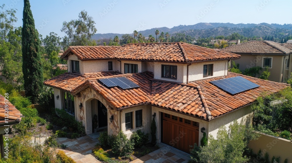 Modern house with solar panels surrounded by greenery in a sunny hillside neighborhood Modern house with solar panels surrounded by greenery in a sunny hillside neighborhood