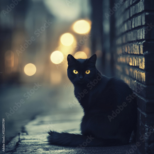 mysterious black cat with piercing yellow eyes sits by a brick wall under the soft glow of blurred streetlights. The scene conveys an air of mystery and intrigue, perfect for a nocturnal city setting photo