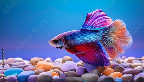 the image is of a multi colored betta fish with a blue background with a gradient to purple the fish is sitting on a bed of rainbow colored rocks photo