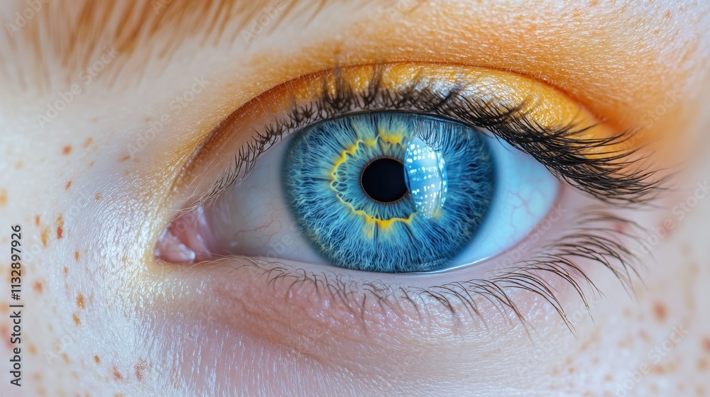 Fototapeta premium Macro close-up of a bright blue eye with golden yellow eyeshadow and intricate iris pattern
