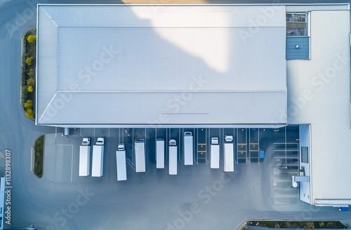 Aerial view of an industrial warehouse with a truck loading dock, surrounded by a parking lot and cars. The warehouse architecture features a white roof. image was captured using aerial photography