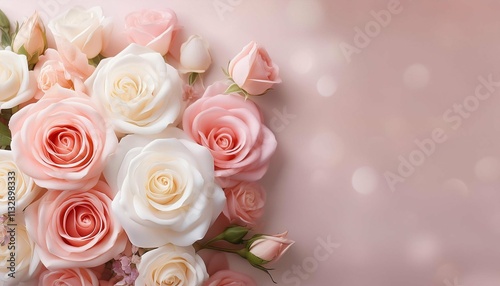 delicate blooming festive light pink and white flowers blossoming rose flower pastel background roses bouquet floral card