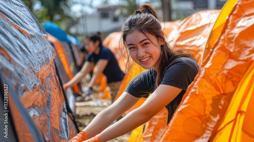 Dedicated volunteers work together, assembling colorful temporary shelters on a sunny day, showcasing community spirit and collaboration in a relief initiative aimed at aiding those in need photo