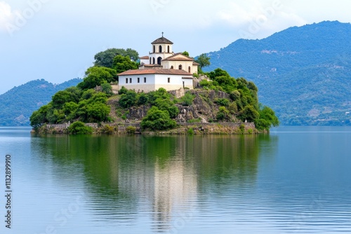 A serene view of a monastery on one of the islands of Lake Tana, surrounded by dense vegetation and reflecting in the calm waters photo