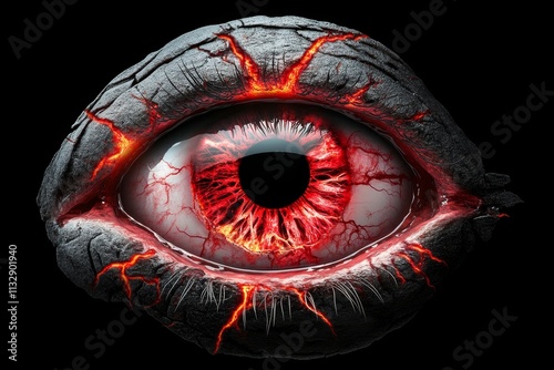 A single, glowing red eye with minimal detail, symbolizing malevolence, isolated on a stark black background