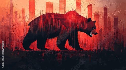 Stylized Bear Illustration in a Vivid Urban Landscape with Abstract Red Tones and High Contrast, Symbolizing Strength and Resilience Against a City Background