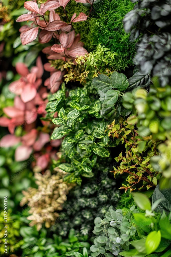 Naklejka premium Lush Green Vertical Garden Wall Featuring Varied Foliage