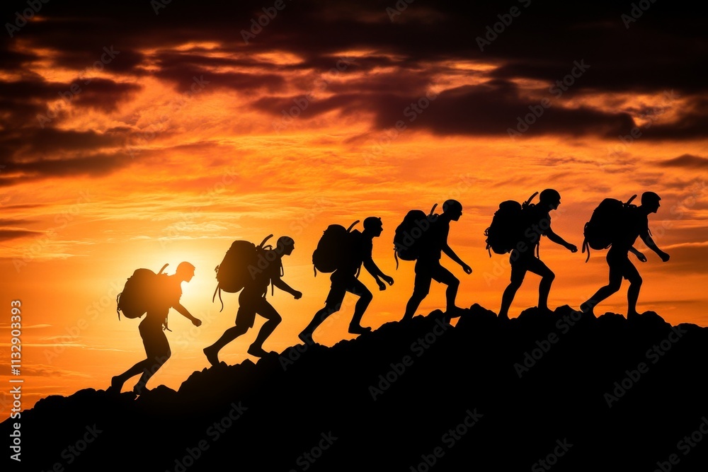 Fototapeta premium A sunrise scene of early humans climbing a hill, symbolizing the journey of human evolution