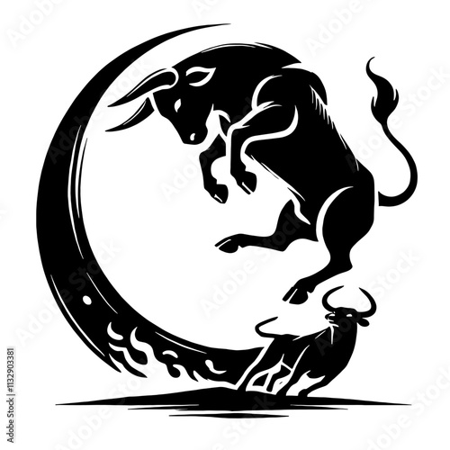 Black bull leaping in crescent moon.