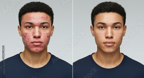 Transformation of young african male with acne treatment: skin improvement photo