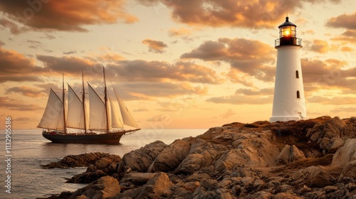 Wallpaper Mural Majestic Sailing Ship Approaches Historic Lighthouse at Sunset with Dramatic Clouds and Calm Waters, Highlighting Coastal Beauty and Nautical Serenity Torontodigital.ca