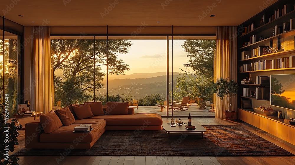 Fototapeta premium A warm mid-century modern hotel living room with a brown fabric couch, retro shelving with subtle decor, and large glass panels offering a serene view of a sunset over the hills,