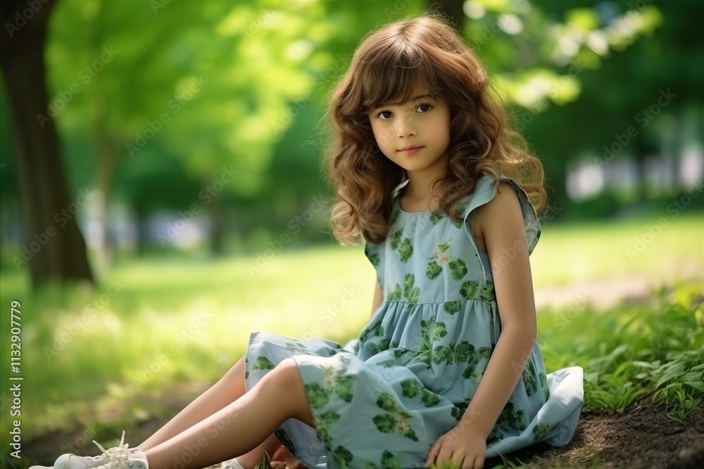 beautiful little girl sitting on the grass in a green summer park beautiful little girl sitting on the grass in a green summer park