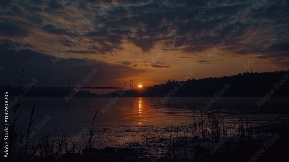 Obraz premium A serene sunset over a river, with clouds reflecting vibrant colors and a bridge in the distance.