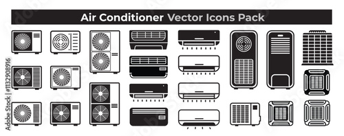 Air conditioner icons set. Heat pump icon vectors. AC unit icon. HVAC systems. Air conditioning indoor, outdoor products. air condition machines. minimal style.