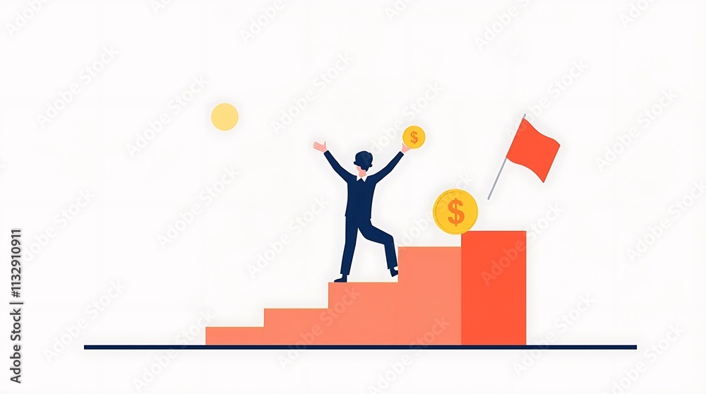 Obraz premium Climbing the Ladder of Success: A stylized illustration of a businessman ascending a staircase towards financial prosperity, symbolizing ambition, achievement, and the pursuit of wealth.