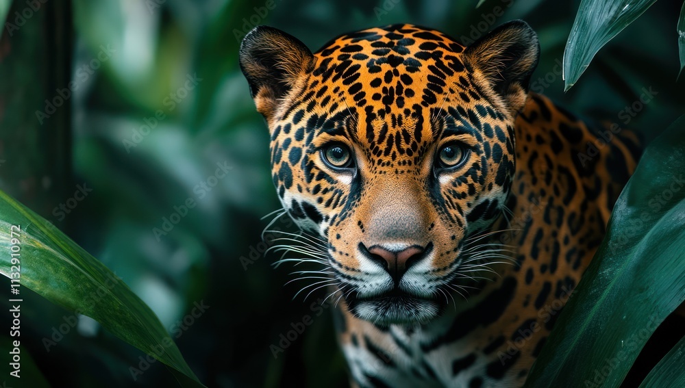 Fototapeta premium Jaguar Peering Through Jungle Foliage
