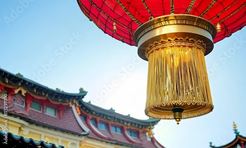 Chinese New Year dining table decorated with festive plates, red tablecloths, and traditional food. photo