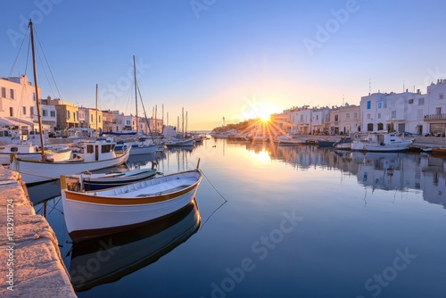 Serene sunrise over a tranquil harbor with fishing boats reflecting on calm waters in a coastal village photo